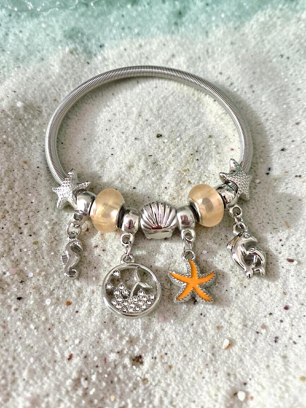 Silver Sea Life Charm Bracelet with Orange Starfish